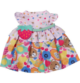 Buntes Babykleid mit Bären-, Obst- und Herzmotiven, Rüschenärmeln und Erdbeertasche.