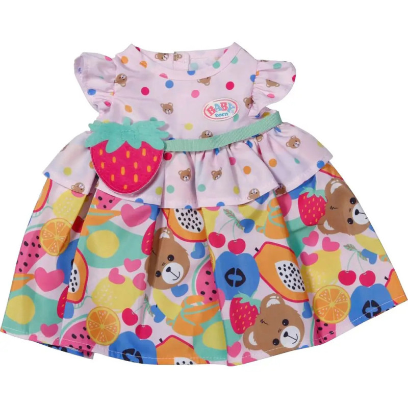 Buntes Babykleid mit Bären-, Obst- und Herzmotiven, Rüschenärmeln und Erdbeertasche. Buntes Babykleid mit Bären-, Obst- und Herzmotiven, Rüschenärmeln und Erdbeertasche.