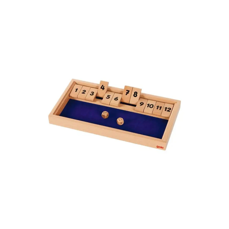 Shut the Box Spiel aus Holz mit nummerierten Klappen und zwei Würfeln auf blauem Untergrund.