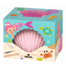 Bunte Spielzeugbox mit rosa Muschel, Meerjungfrau, Meerestieren und deutscher Aufschrift auf der Vorderseite.