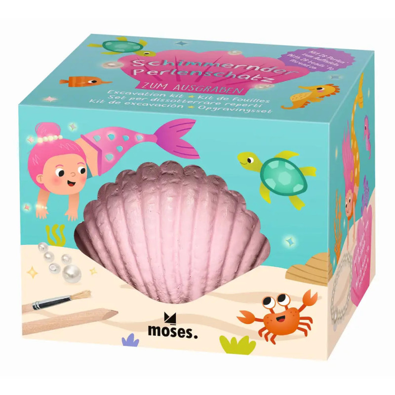 Bunte Spielzeugbox mit rosa Muschel, Meerjungfrau, Meerestieren und deutscher Aufschrift auf der Vorderseite.