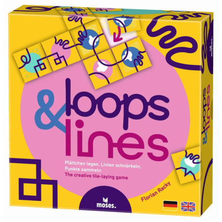 Spieleschachtel Colorful Loops & Lines mit abstrakten Designs und gelben, pinken sowie blauen Farbakzenten.