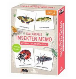 Schachtel des Spiels Das Grosse Insekten Memo mit illustrierten Insektenkarten auf dem Cover.
