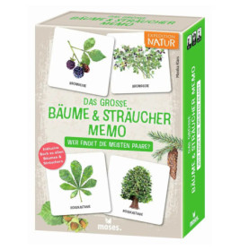 Kartenspiel-Box mit Beeren- und Blättermotiven, Titel: Das große Bäume & Sträucher Memo.