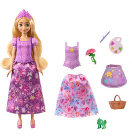 Rapunzel-Puppe mit Zubehör: Kleid, Rock, Palette, Blume, Korb, Chamäleon und Bürste.