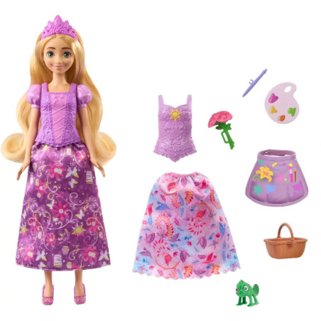 Rapunzel-Puppe mit Zubehör: Kleid, Rock, Palette, Blume, Korb, Chamäleon und Bürste.