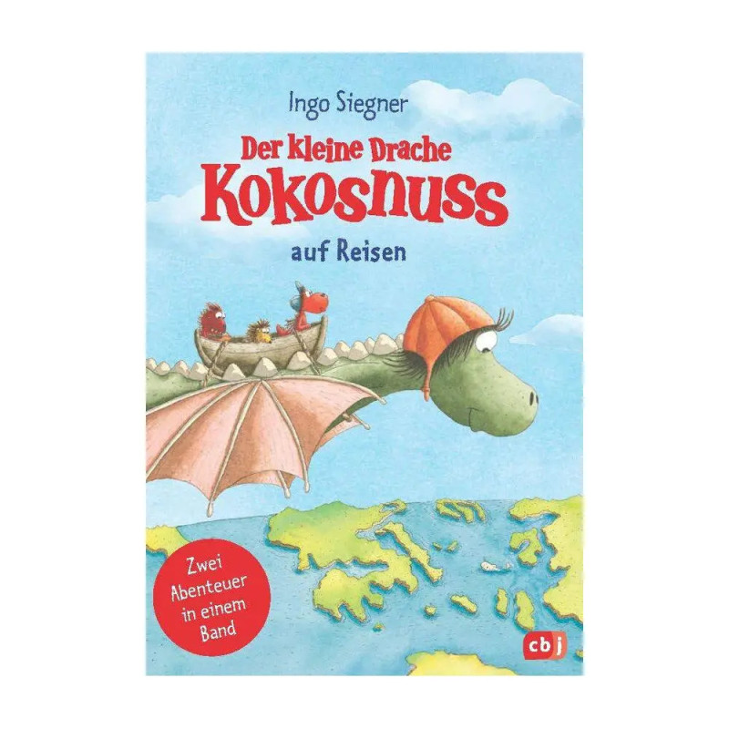 Umschlag: Kleiner grüner Drache fliegt mit zwei Freunden im Korb über eine Karte. Titel: Der kleine Drache Kokosnuss.