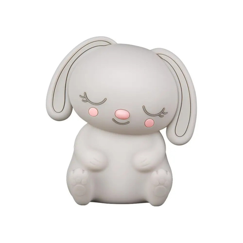 Graues Cartoon-Kaninchen mit geschlossenen Augen, rosa Wangen und langen Ohren sitzt ruhig.