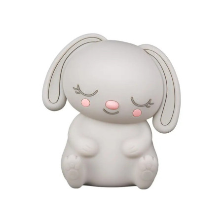 Graues Cartoon-Kaninchen mit geschlossenen Augen, rosa Wangen und langen Ohren sitzt ruhig.