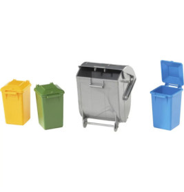 Vier kleine Mülleimer in Gelb, Grün, Silber und Blau, der blaue Eimer steht offen.
