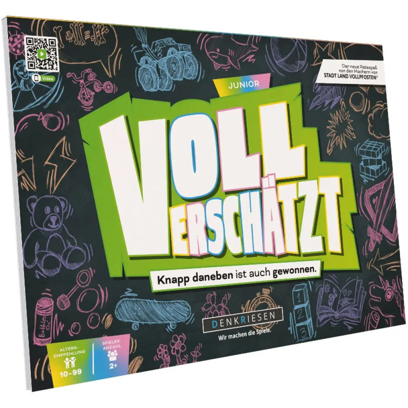 Bunte Spieleschachtel Voll verschätzt Junior mit verspielten Zeichnungen und auffälliger Schrift.
