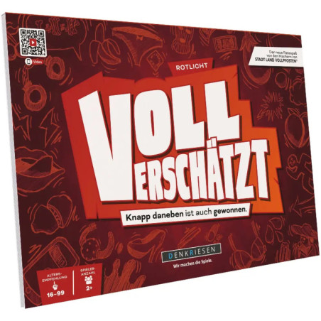 Rote VOLL ERSCHÄTZT-Spieleschachtel mit verspielten Symbolen und deutschem Text auf der Vorderseite.