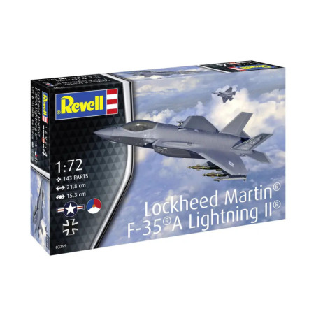 Revell Bausatzbox eines Lockheed Martin F-35A Lightning II Jets, Maßstab 1:72, im Flug.