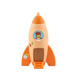 Orange-beige Spielzeugrakete mit Aufklebern: Kindergesicht, Peace-Zeichen und Smiley.