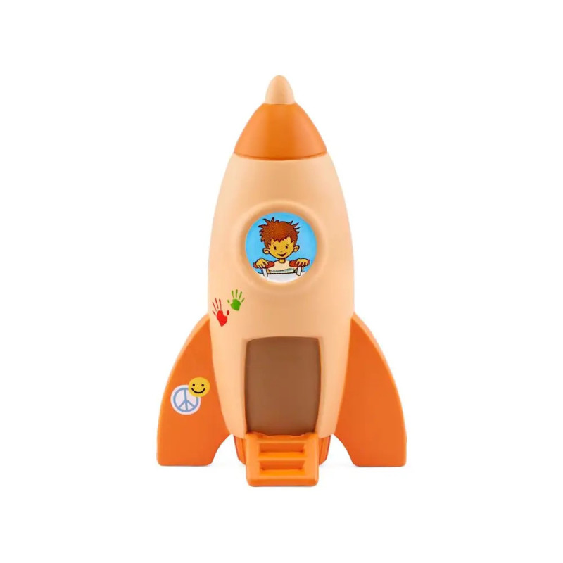 Orange-beige Spielzeugrakete mit Aufklebern: Kindergesicht, Peace-Zeichen und Smiley.