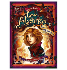 Cover von Luzie Alvenstein mit Mädchen im roten Mantel, magischen Wirbeln und verziertem Rahmen.