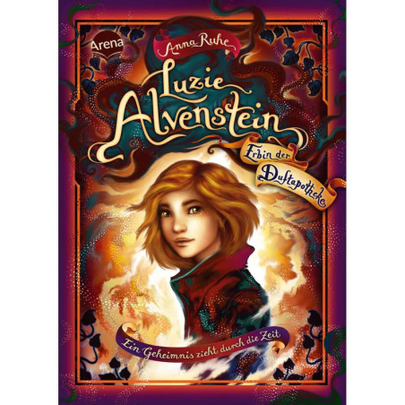 Cover von Luzie Alvenstein mit Mädchen im roten Mantel, magischen Wirbeln und verziertem Rahmen.