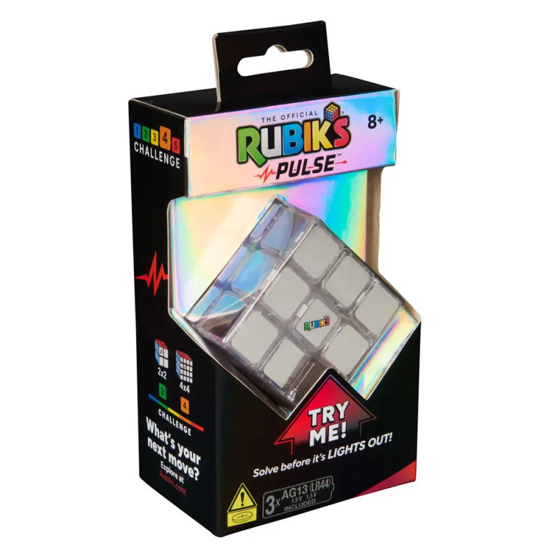Rubiks Pulse Puzzle in holografischer Verpackung mit Try Me! und Löse es, bevor das Licht ausgeht!-Aufdruck.