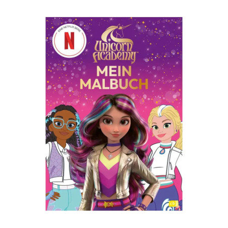 Drei animierte Mädchen stehen vor einem lila Unicorn Academy-Buch mit dem Titel Mein Malbuch.
