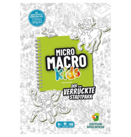Schachtel von MicroMacro Kids mit Cartoon-Stadt, Roboter und Kindern auf einem Pferd auf dem Cover.