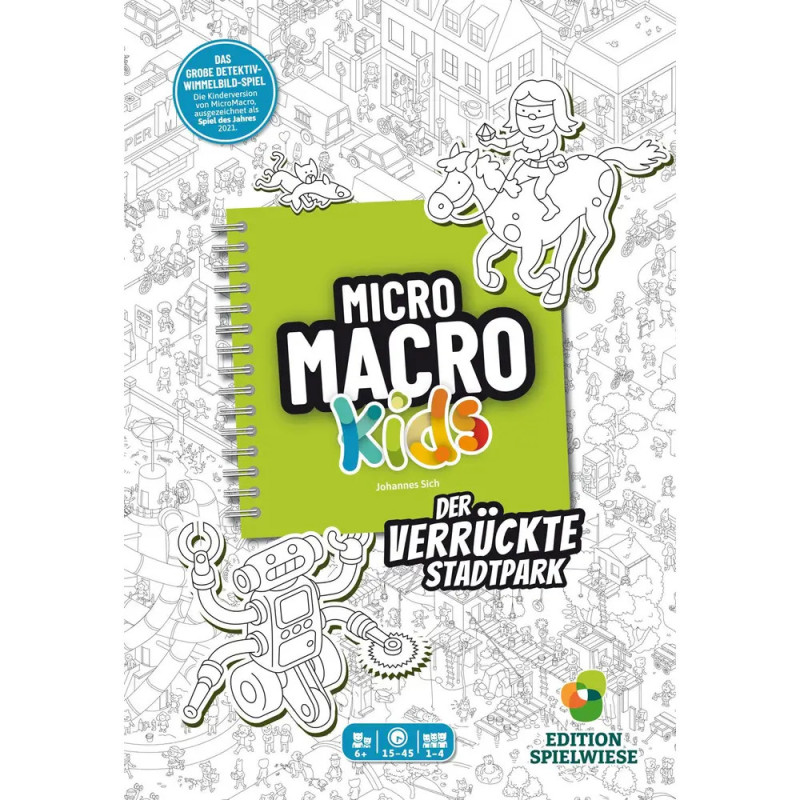 Schachtel von MicroMacro Kids mit Cartoon-Stadt, Roboter und Kindern auf einem Pferd auf dem Cover. Schachtel von MicroMacro Kids mit Cartoon-Stadt, Roboter und Kindern auf einem Pferd auf dem Cover.