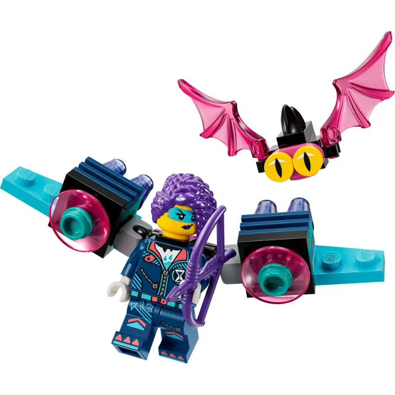 LEGO-Minifigur mit lila Haaren und Flügeln hält Bogen, daneben kleine Fledermaus mit rosa Flügeln.