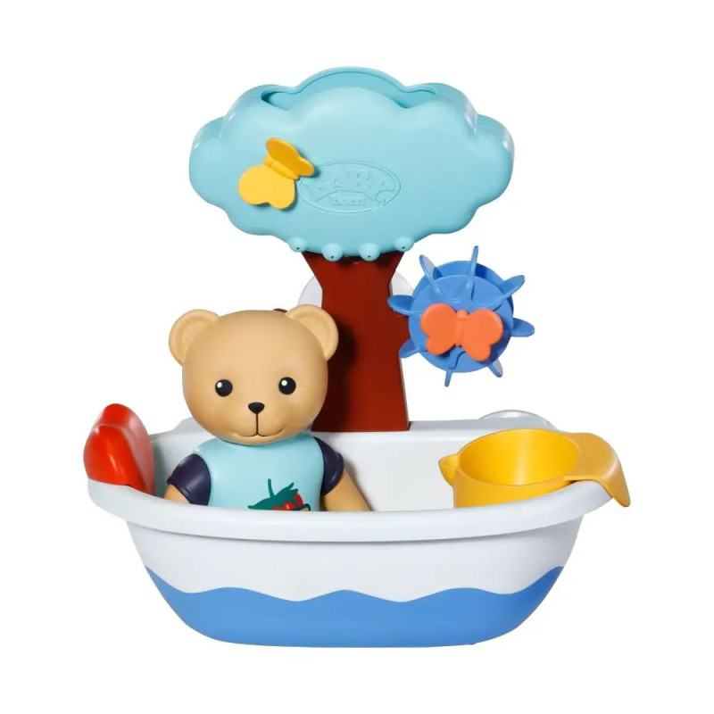 Teddybär sitzt in einer kleinen Wanne mit Baum, Wasserrad, Becher und Schmetterlingsdeko. Teddybär sitzt in einer kleinen Wanne mit Baum, Wasserrad, Becher und Schmetterlingsdeko.