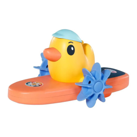 Gelbe Entenspielzeug mit blauer Kappe auf oranger Basis und blauen Schaufelrädern an den Seiten.