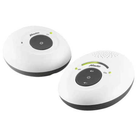 Zwei kabellose Babyphone in Weiß und Schwarz mit Tasten und dem Markennamen Alecto oben.