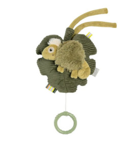 Plüsch-Chamäleon in Grün mit strukturierter Blatt- und Ringrassel, geeignet für Babys oder Kleinkinder.