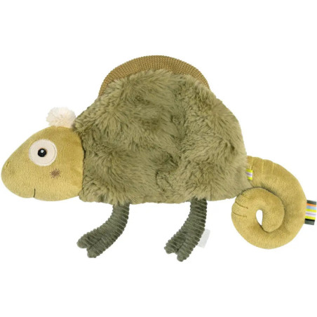 Plüsch-Chamäleon mit grünem, flauschigem Körper, eingerolltem Schwanz und gestickten Gesichtszügen.