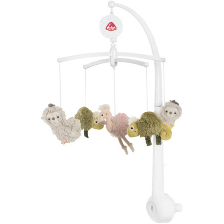 Weißes Babymobil mit vier Plüschfaultieren, die an einem weißen, gebogenen Arm befestigt sind.