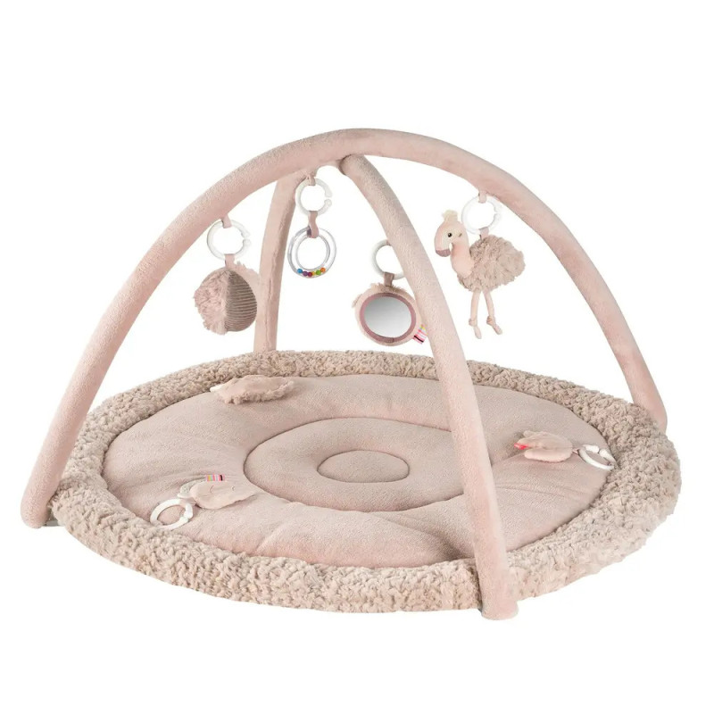 Beiges Baby-Spielbogen mit Hängespielzeug und weicher Matte, ideal für die Bauchzeit von Säuglingen. Beiges Baby-Spielbogen mit Hängespielzeug und weicher Matte, ideal für die Bauchzeit von Säuglingen.