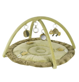 Runde, grüne Spielmatte für Babys mit Bögen, Hängespielzeug und Spiegel auf weicher, strukturierter Fläche.