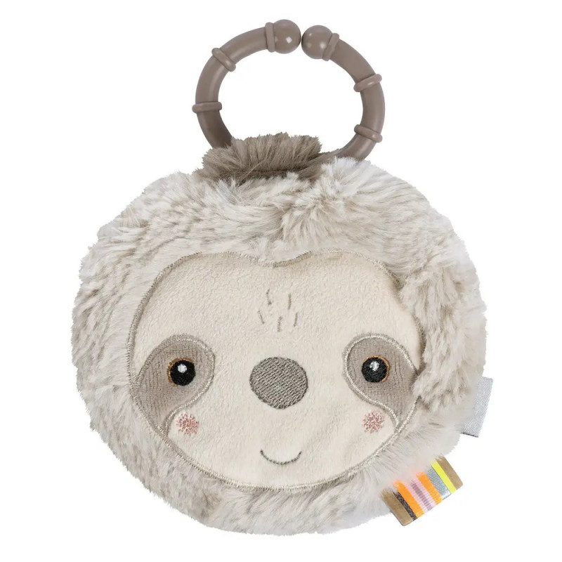Rundes Plüschfaultier mit lächelndem Gesicht, weichem Fell und Kunststoffring zum Aufhängen.