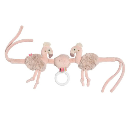 Plüsch-Kinderwagenanhänger mit zwei rosa Straußen und einem Ring, verbunden durch weiche Stoffbänder.