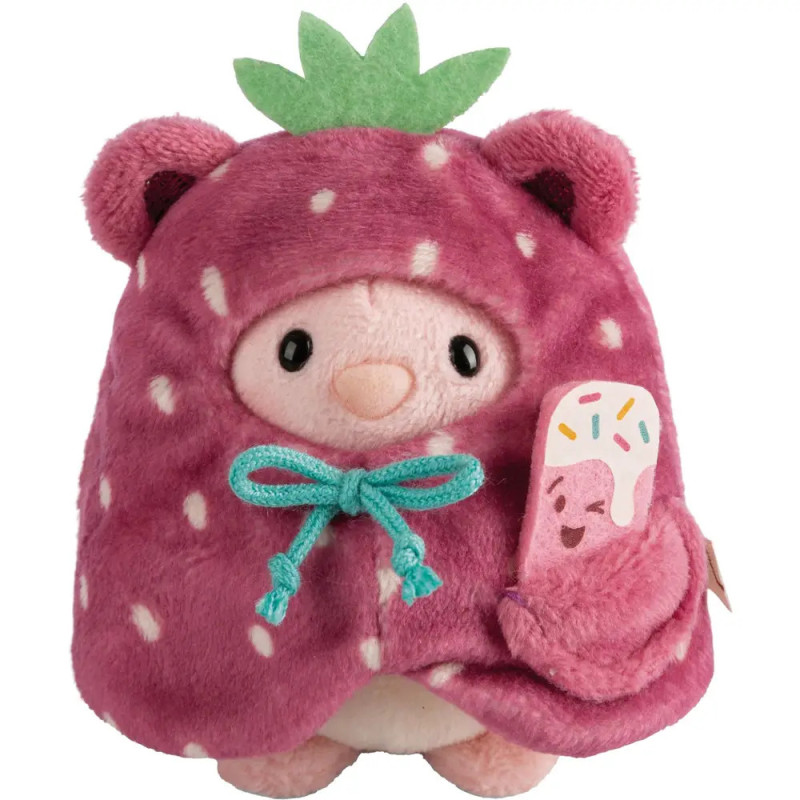 Plüschtier mit Erdbeer-Kapuze hält ein pinkes Donut-Plüschtier mit Streuseln.