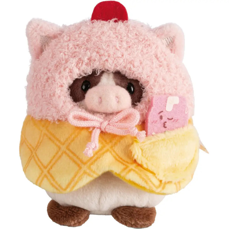 Ein Plüschschwein mit rosa Kapuze und gelber Decke hält ein kleines, rosafarbenes Plüschtier.