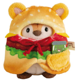 Plüschfigur im Hamburger-Kostüm mit Bärenohren, rotem Band und grünem Getränk in der Hand.