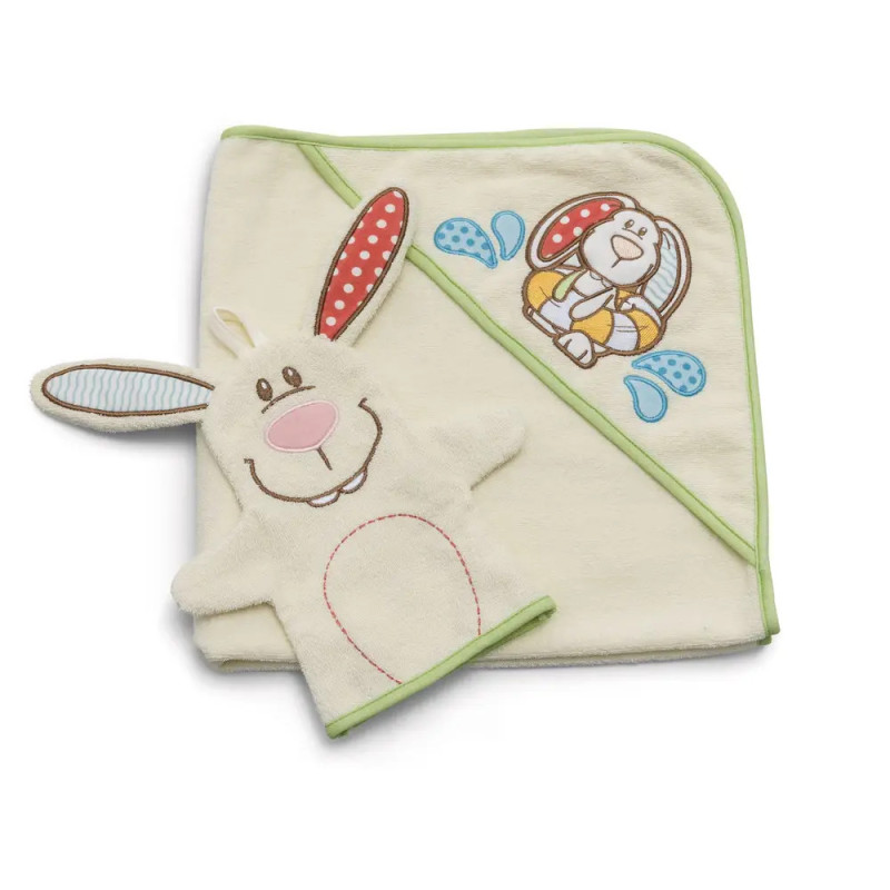 Cremefarbenes Babyhandtuch mit grüner Umrandung und Hasenmotiv, dazu passender Hasen-Waschhandschuh.