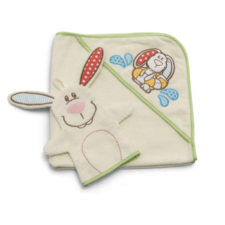 Cremefarbenes Babyhandtuch mit grüner Umrandung und Hasenmotiv, dazu passender Hasen-Waschhandschuh.