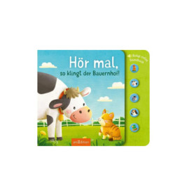 Kinderbuchcover mit Kuh und Katze, rechte Tasten mit Tierabbildungen.