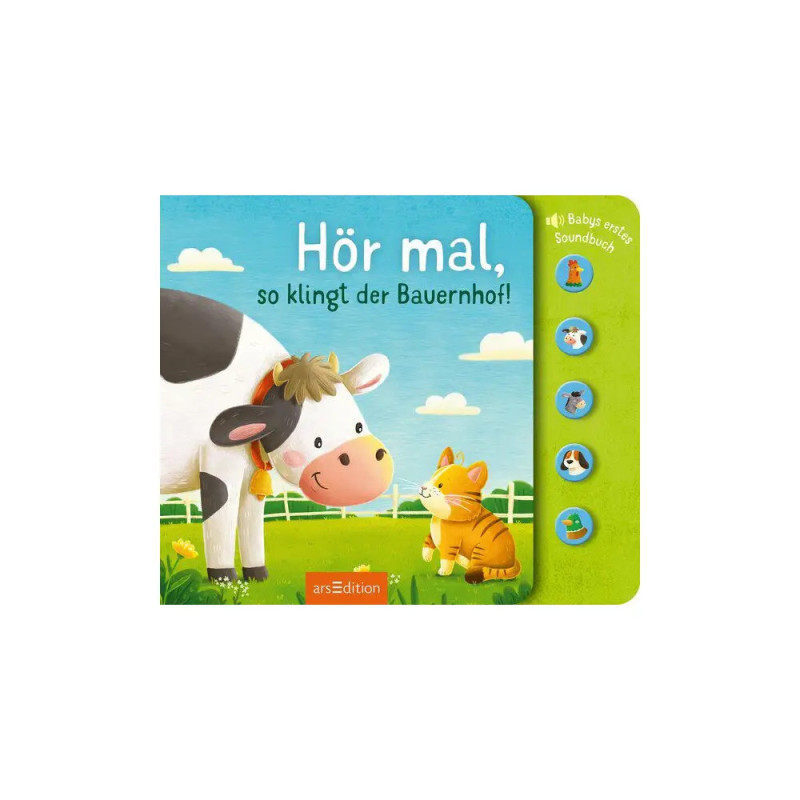 Kinderbuchcover mit Kuh und Katze, rechte Tasten mit Tierabbildungen.