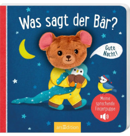 Bären-Fingerpuppe mit Eule, dazu deutscher Text: Was sagt der Bär? und Gute Nacht!.
