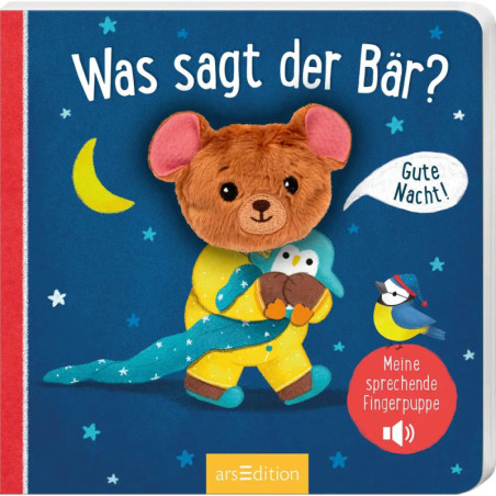 Bären-Fingerpuppe mit Eule, dazu deutscher Text: Was sagt der Bär? und Gute Nacht!.