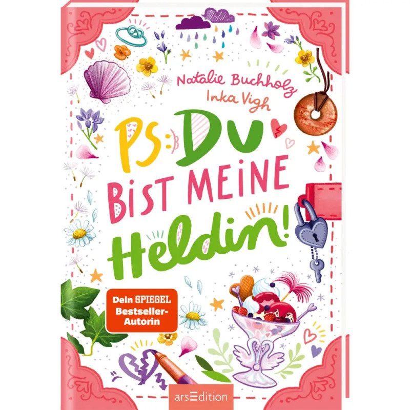 Buntes deutsches Buchcover mit Herzen, Muscheln und Schlüsseln Titel: PS: Du bist meine Heldin!.