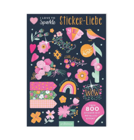 Buntes Stickerblatt mit Blumen, Herzen, Regenbögen und positiven Wörtern auf dunklem Hintergrund.