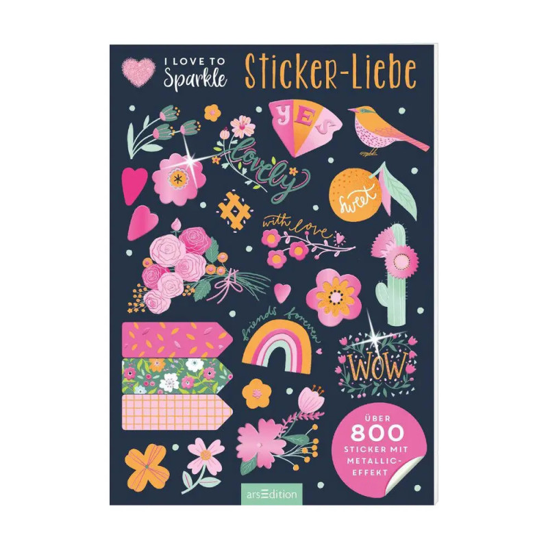 Buntes Stickerblatt mit Blumen, Herzen, Regenbögen und positiven Wörtern auf dunklem Hintergrund.