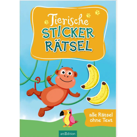 Buntes deutsches Rätselbuch mit lächelndem Affen, Bananen und Tukan auf blauem Hintergrund.