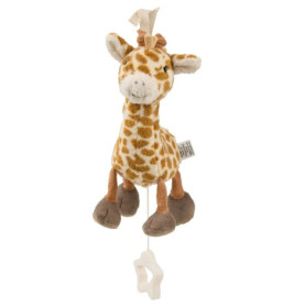 Plüsch-Giraffe mit braunen Flecken und Zugband am Boden zum Abspielen von Musik.
